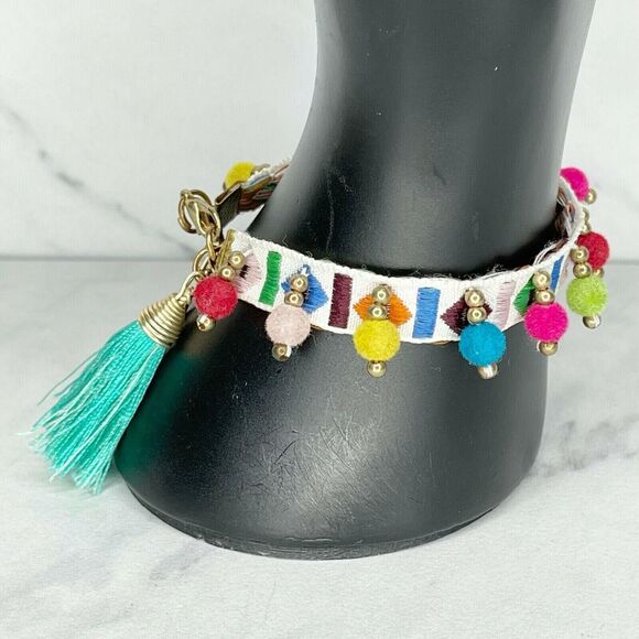 Beaded Woven Pom Pom Tassel Bracelet - Picture 4 of 5